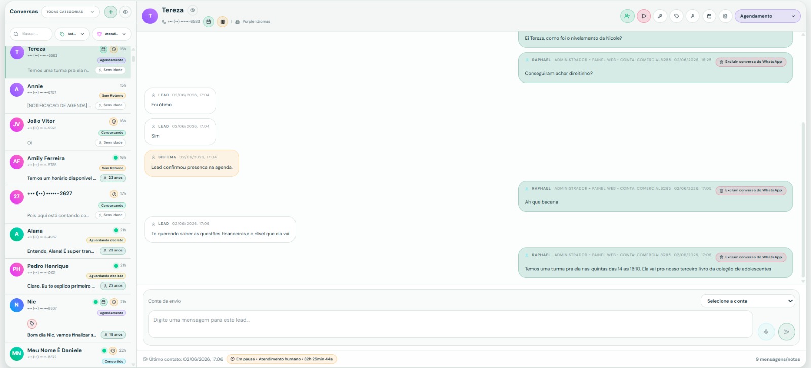 Painel de atendimento com conversas, status de leads e histórico no WhatsApp
